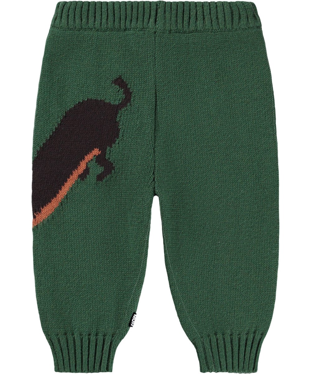 Sol - Dachs Puppy - Dark green pants for the little ones made of a soft ribbed knit of cotton and wool with a dog on the thigh.