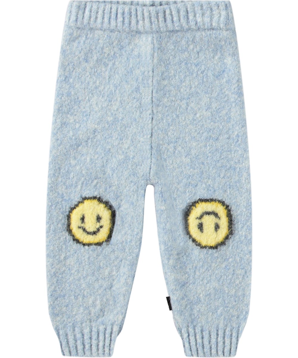 Sol - Pixel Smile - Soft wool blend blue melange trousers with ribbing and yellow smiling faces on knees.
