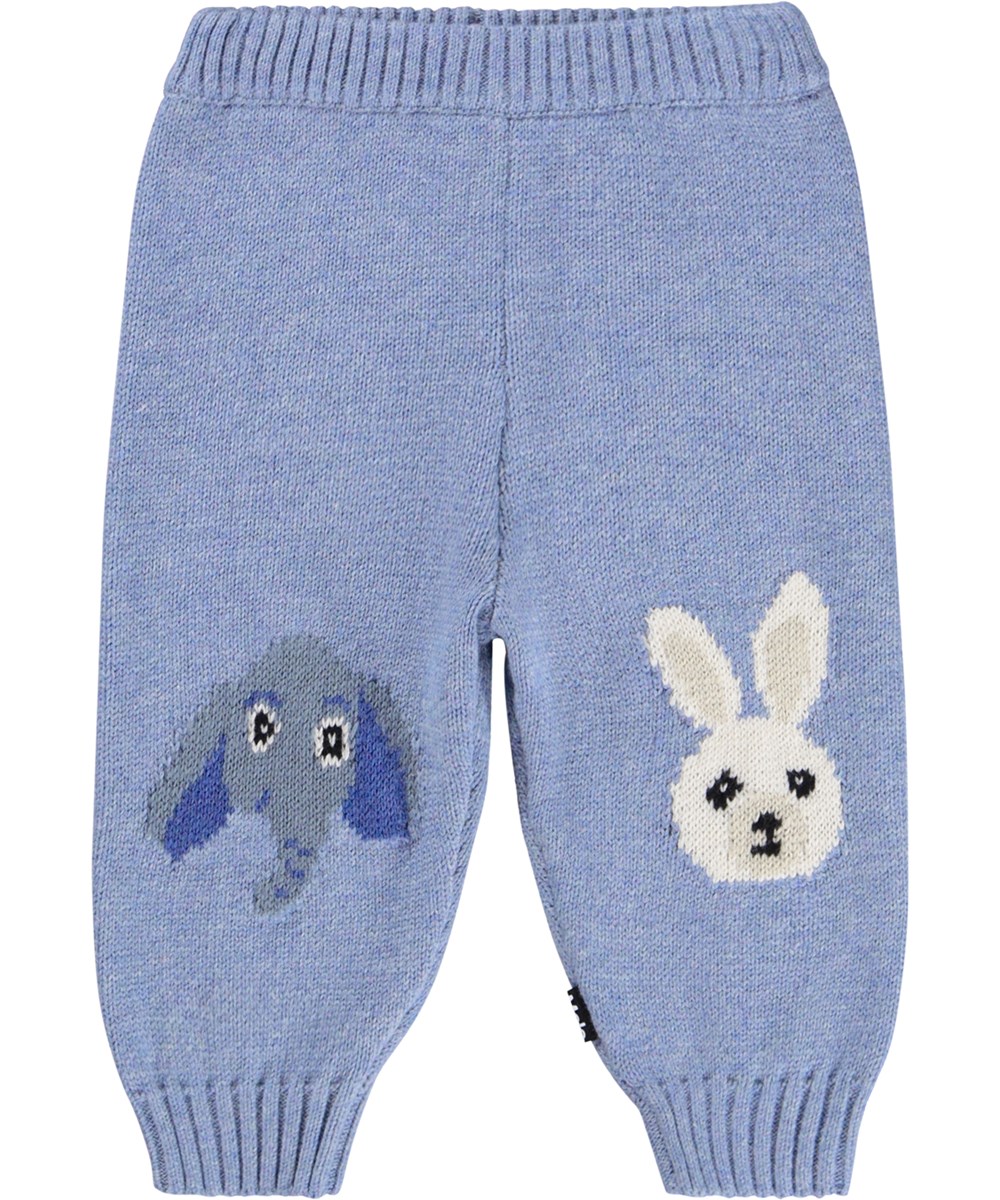 Sol - Toy Buddies - Light blue pants for the little ones made of a soft ribbed knit of cotton and wool with a rabbit and elephant on the knees.