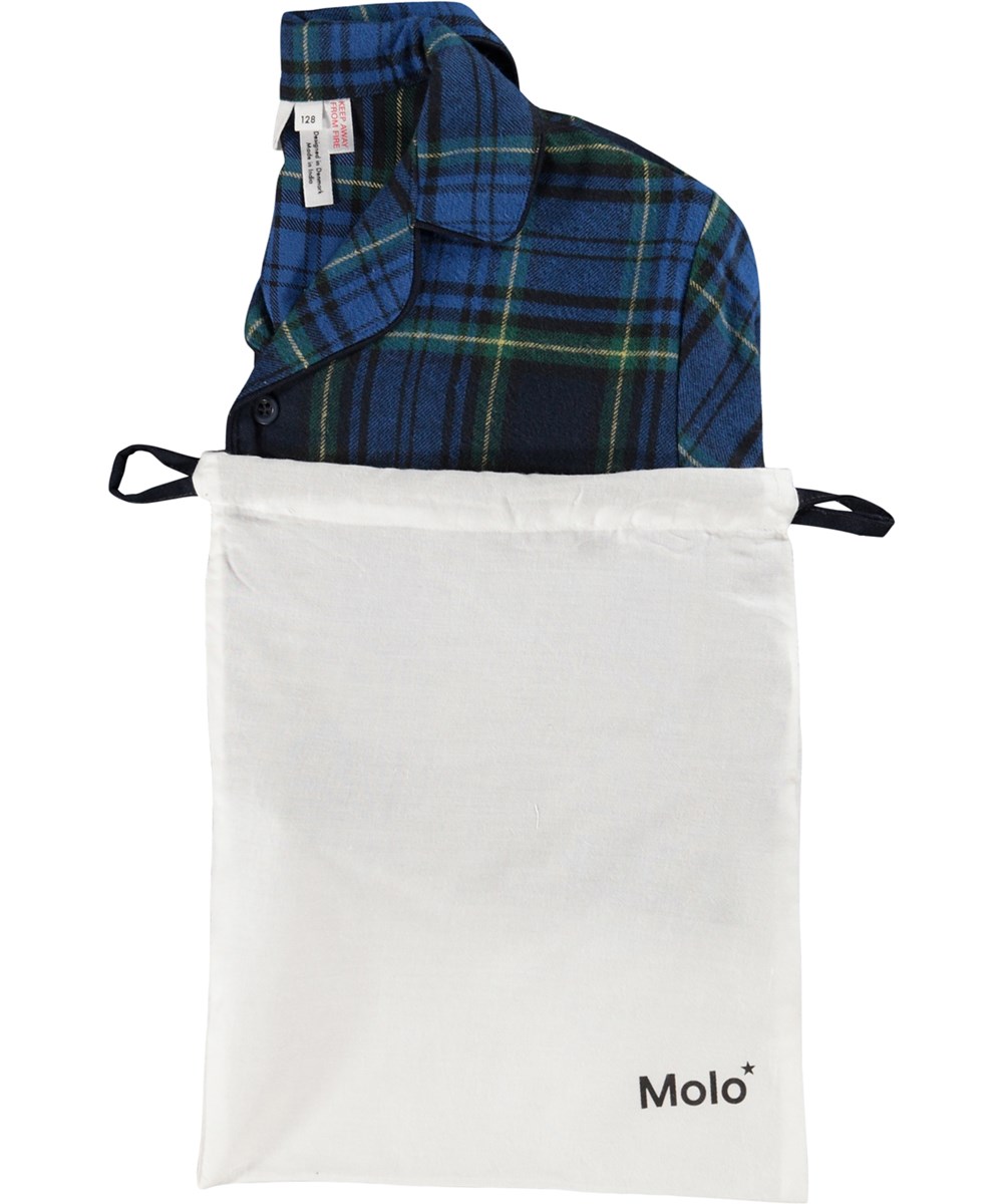 Lex - Depths Check - Blaues kariertes Schlafanzug-Set für Kinder aus Öko-Baumwolle.