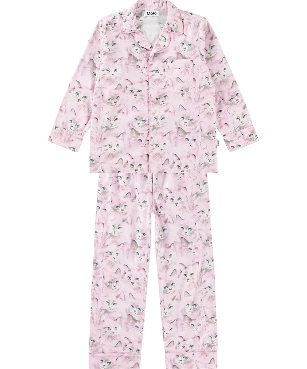 Lex US - Lavender Aquarelle - Regulär geschnittenes lila Pyjama-Set mit niedlichem Katzenmuster.