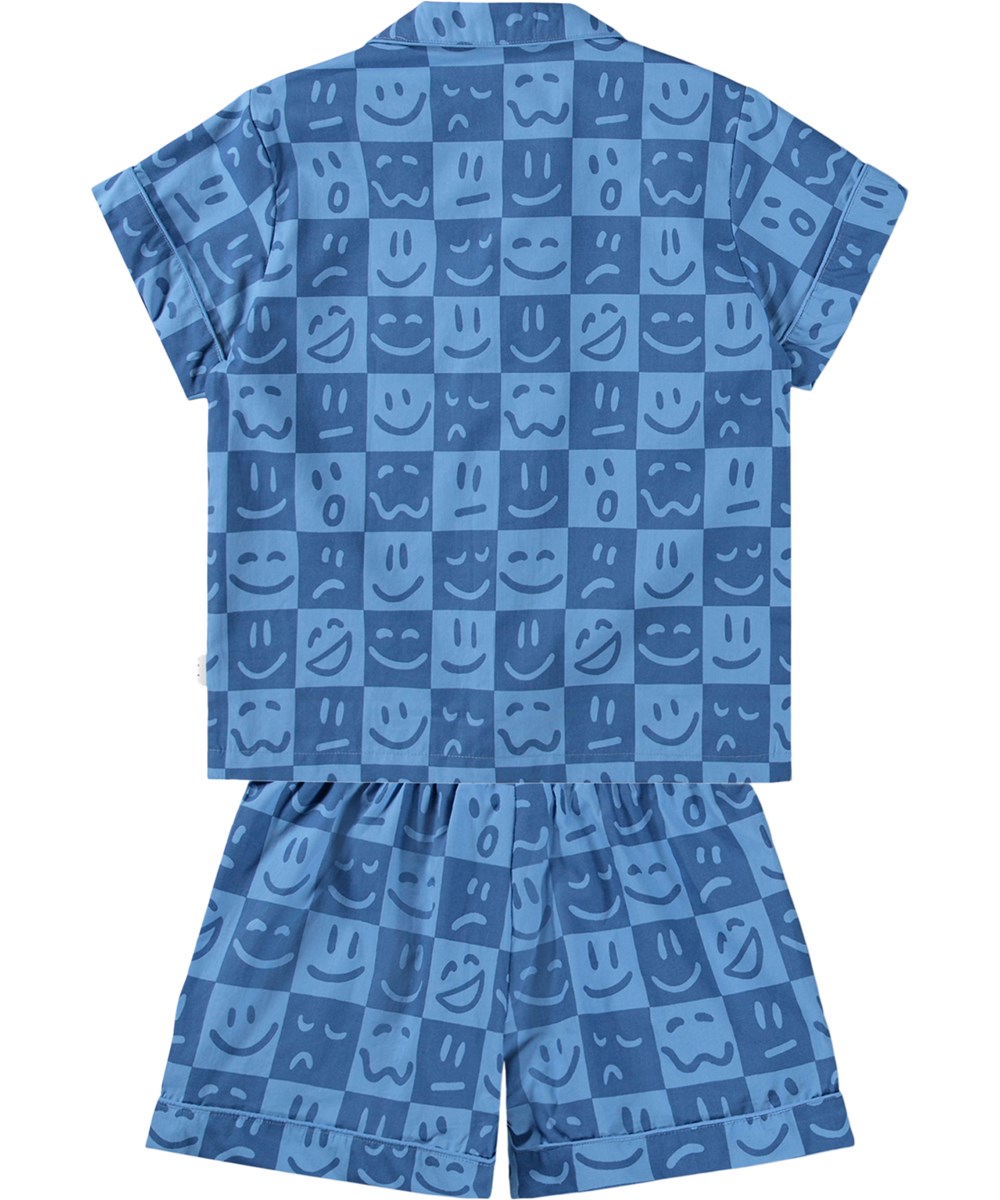 Lexi - Blue Vibes - Blaues kariertes Pyjama-Set für Kinder aus Bio-Baumwolle mit Aufdruck