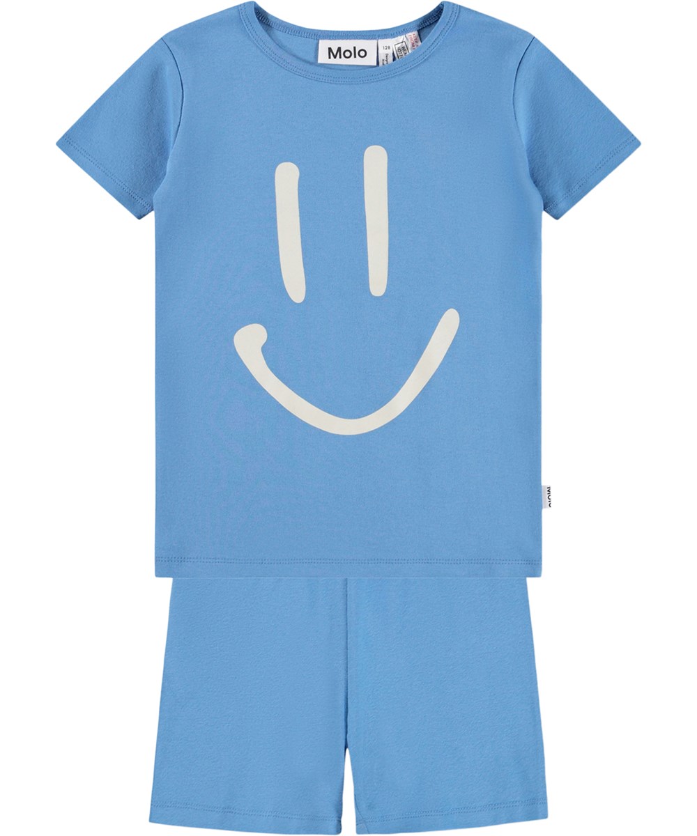 Lou US - Blue Tide - Blaue zweiteilige Kinderpyjamas aus Bio-Baumwolle mit einem Druck