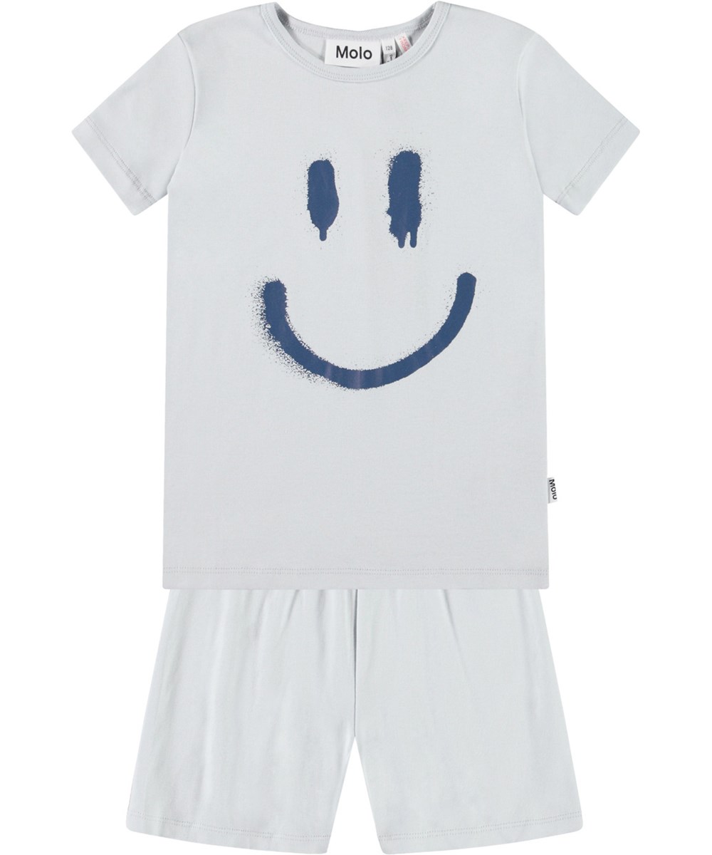 Lou US - Skywriting - Hellblaue Pyjamas mit kurzen Ärmeln und Beinen aus dehnbarem Öko-Baumwolle.