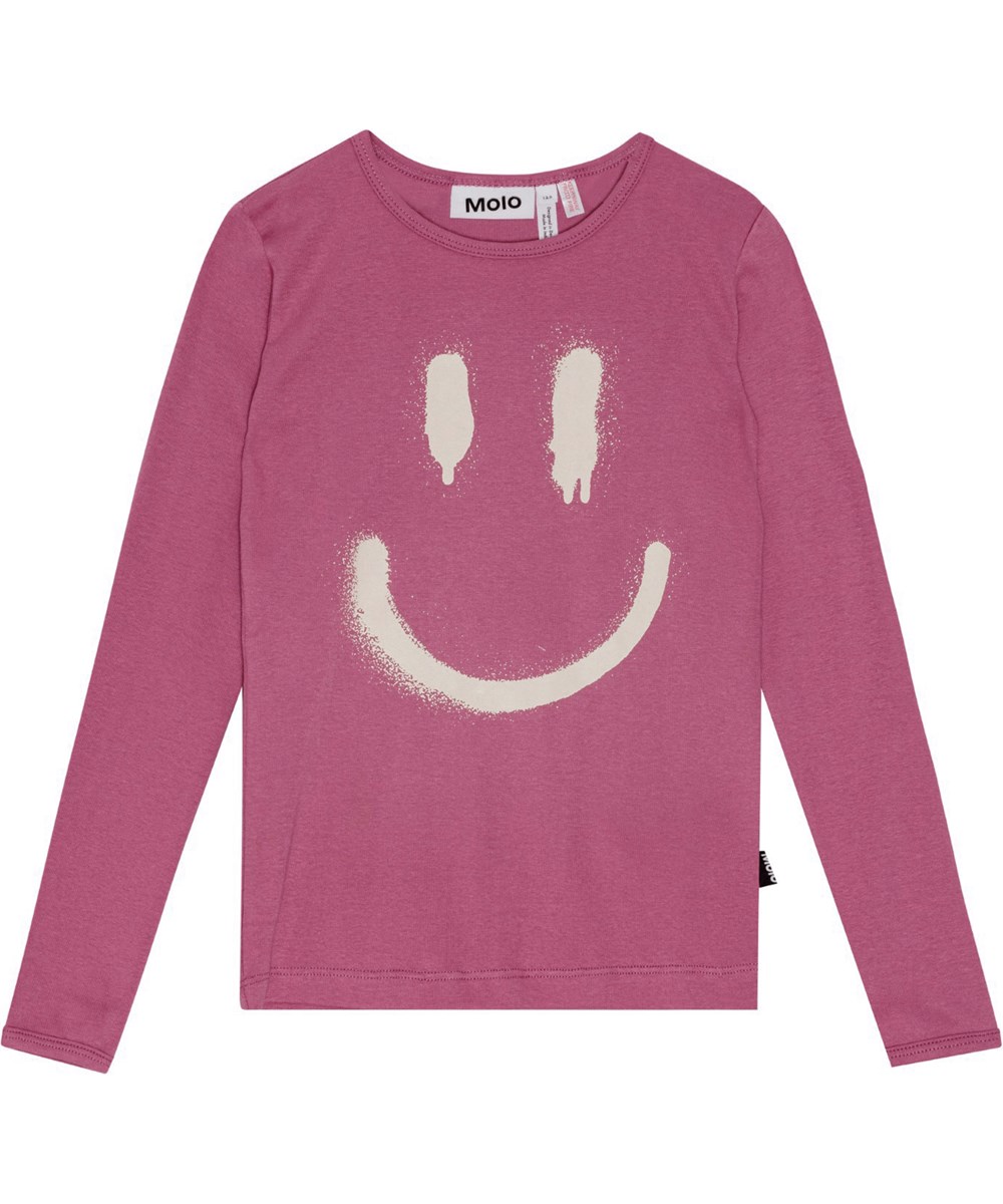 Lue - Dark Rose - Rosa Pyjama-Set aus Öko-Baumwolle mit elastischem Bund und gerippten Bündchen. Oberteil mit weiß aufgesprühtem Lächeln.