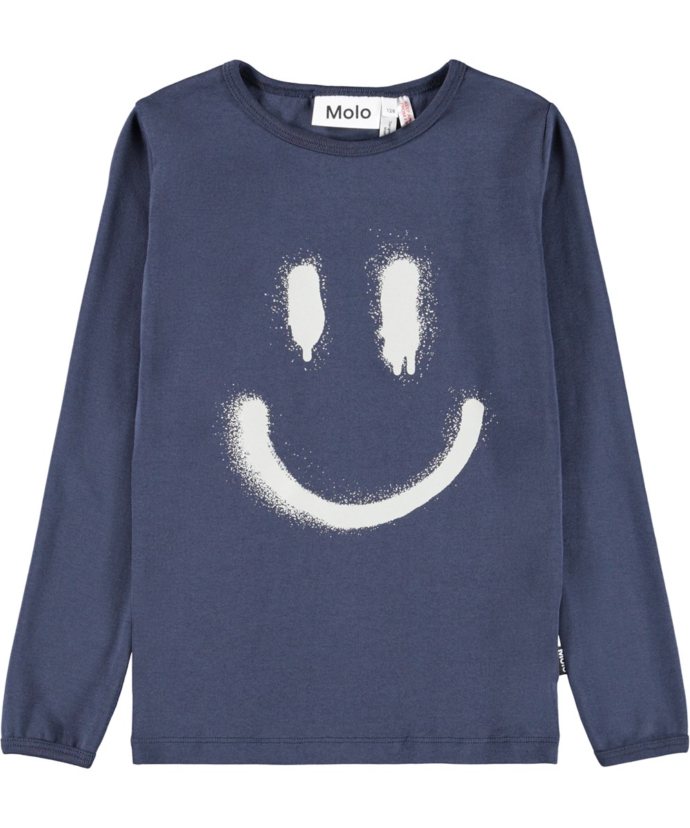 Lue - Galaxy Blue - Dunkelblaues Pyjama-Set für Kinder aus Öko-Baumwolle mit einem weiß aufgesprühten Lächeln.