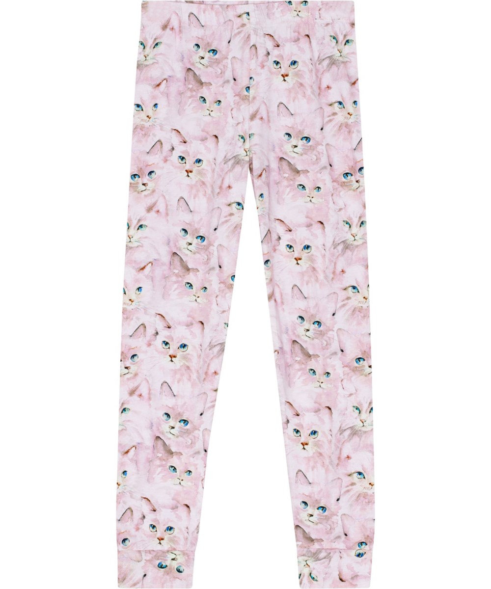 Lue - Lavender Aquarelle - Lila Öko-Baumwoll-Pyjama-Set mit elastischem Bund und gerippten Bündchen. Allover-Druck von niedlichen Katzen.