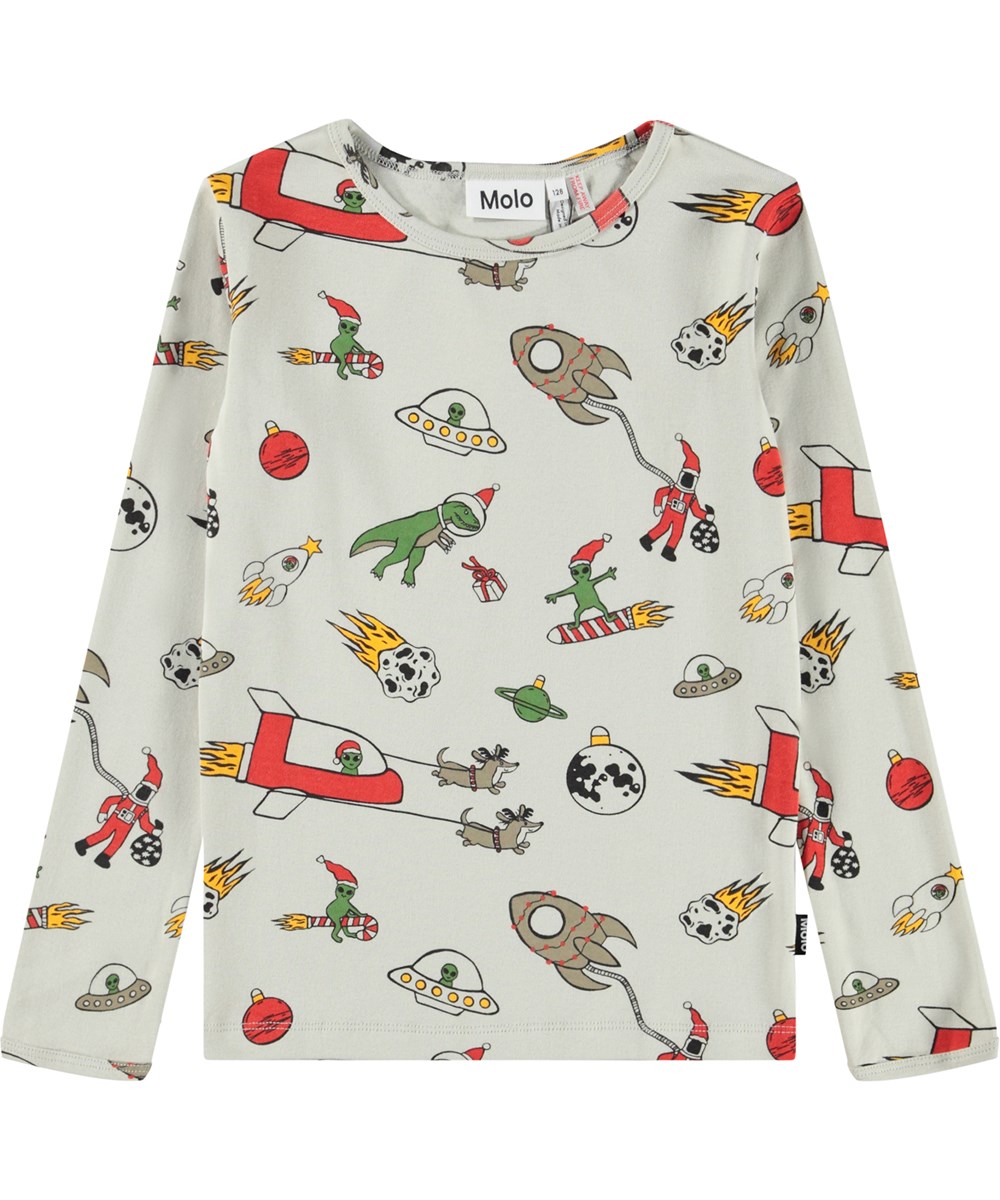 Lue - Spacy Nights - Beiges Pyjama-Set für Kinder aus Öko-Baumwolle mit einem bunten Weihnachtsmotiv im Weltraum.