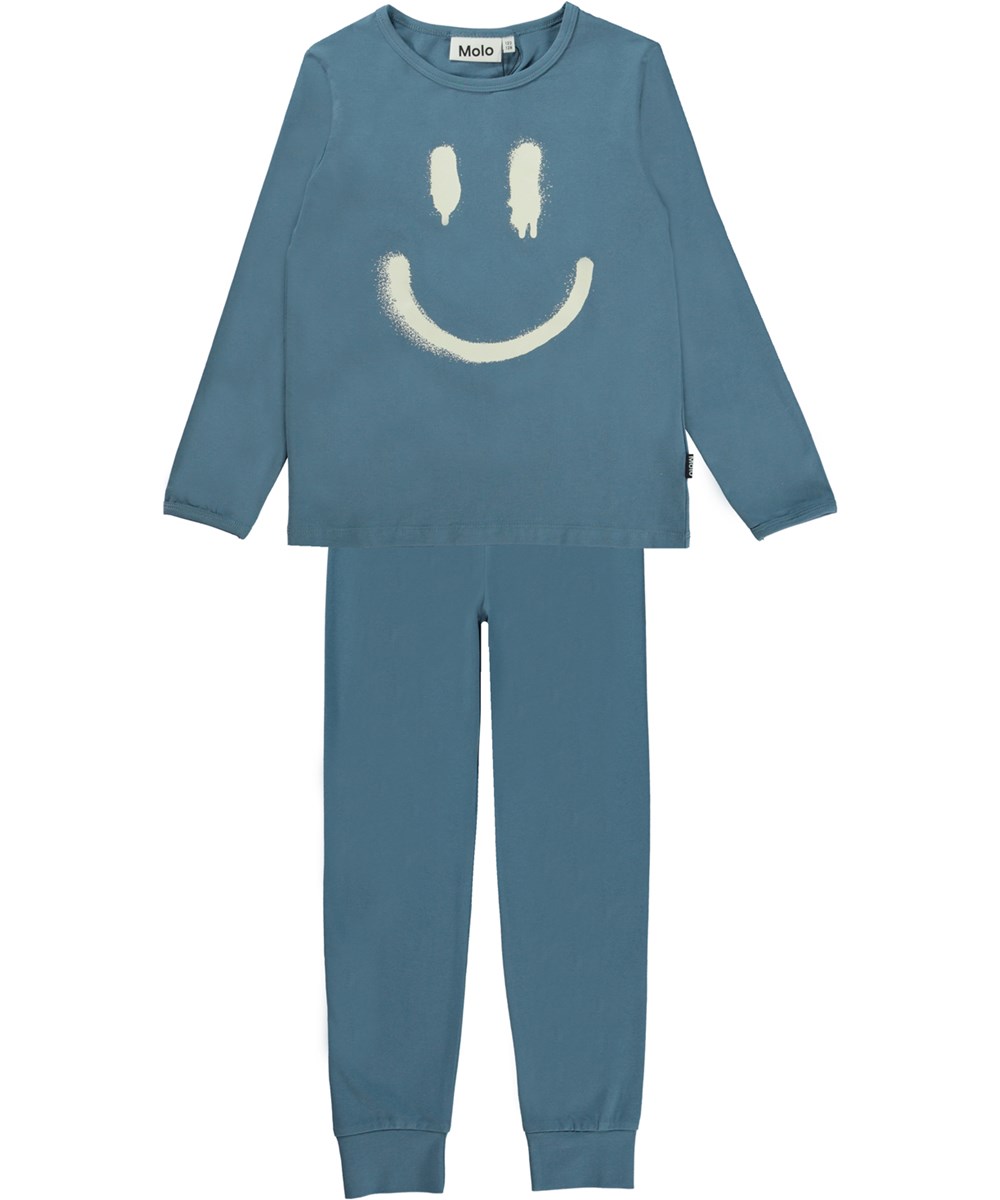 Luve - Atlas Blue - Blaues Öko-Nachtwäsche-Set mit Smiley-Gesicht