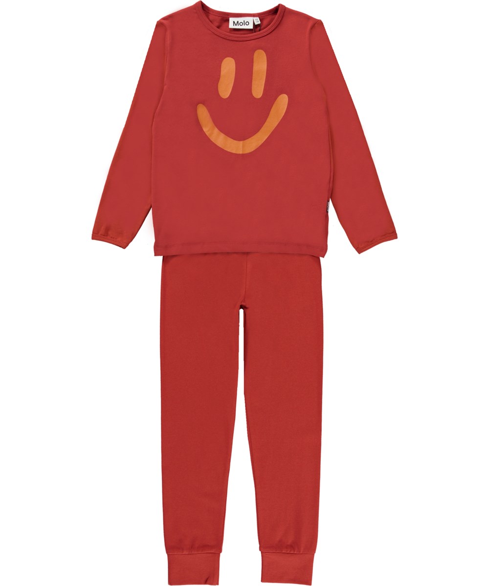 Luve - Red Ochre - Rote Öko-Nachtwäsche mit Smiley-Print