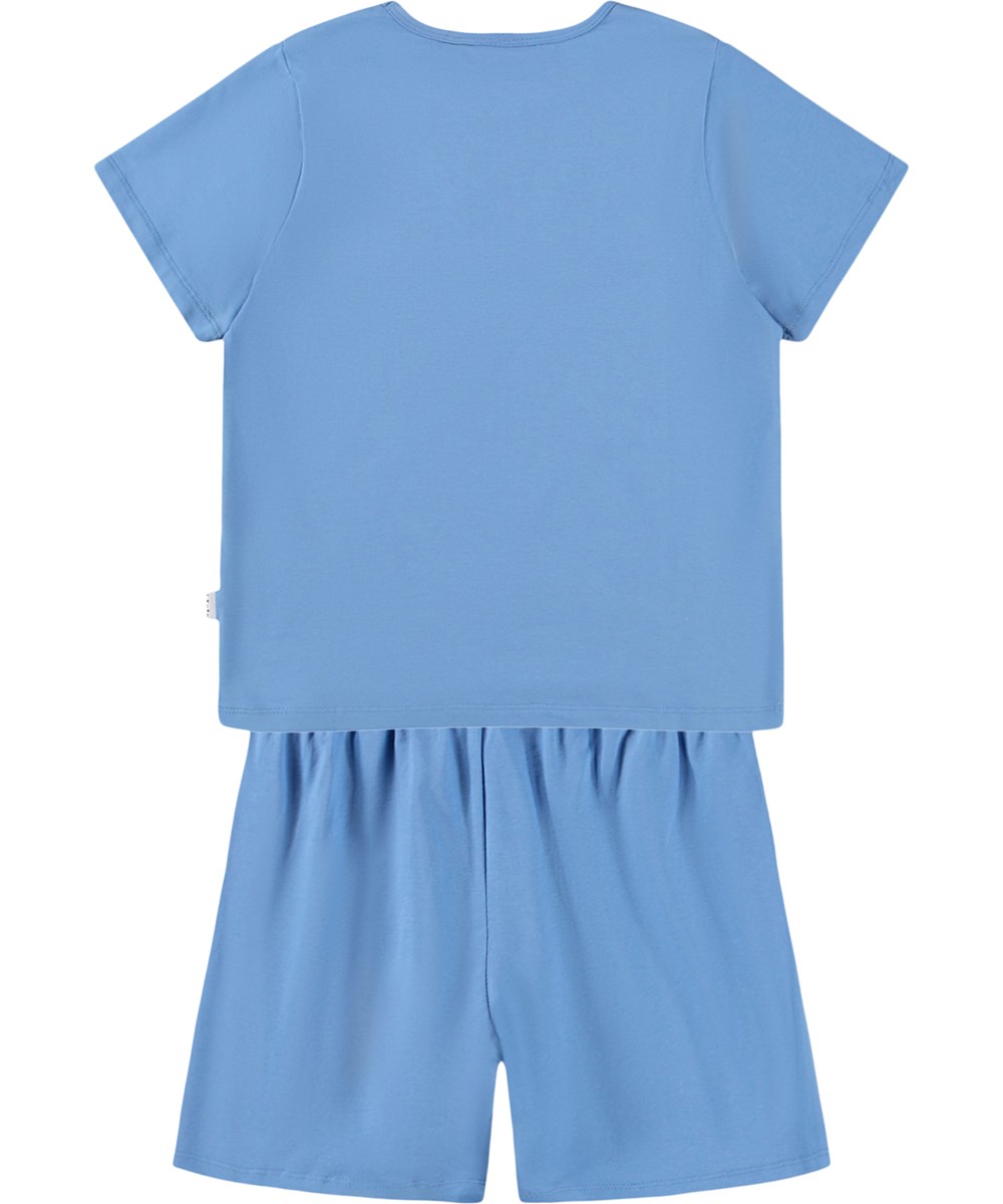 Luvis - Blue Tide - Blaue zweiteilige Kinderpyjamas aus Bio-Baumwolle mit Druckmuster