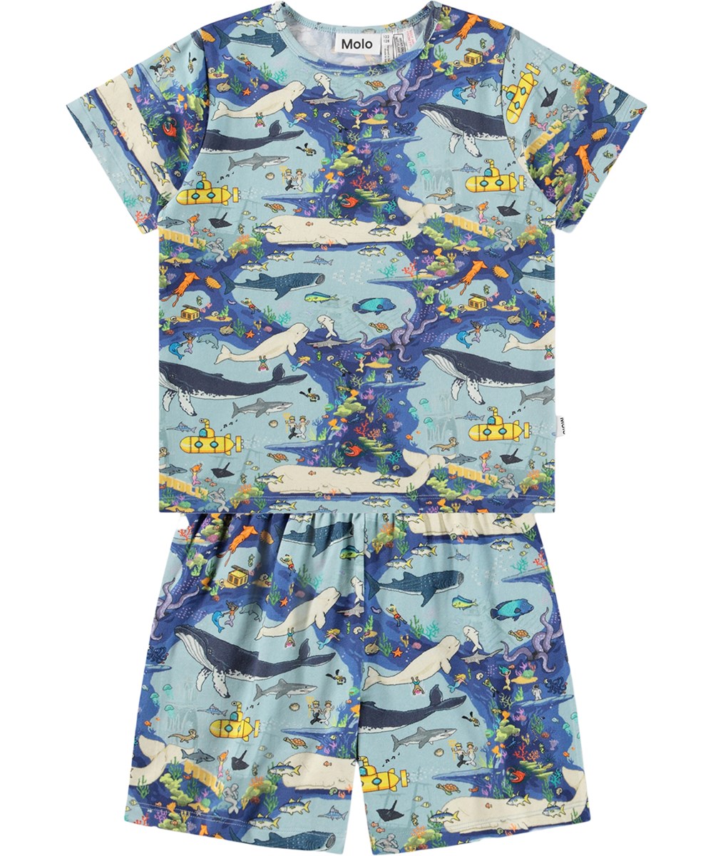 Luvis - Pixel Sea - Blaue zweiteilige Kinderpyjamas aus Bio-Baumwolle mit Druck.