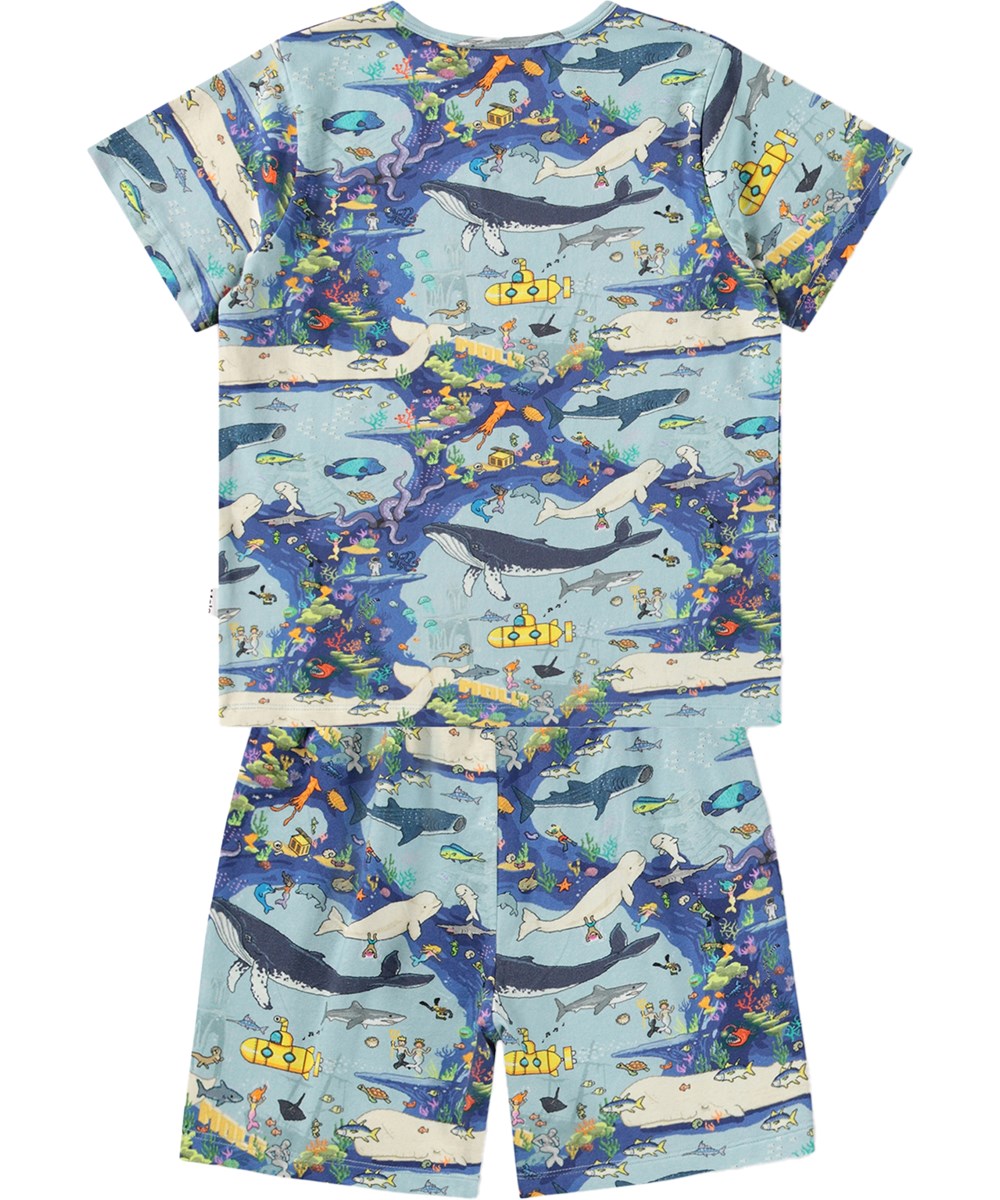 Luvis - Pixel Sea - Blaue zweiteilige Kinderpyjamas aus Bio-Baumwolle mit Druck.
