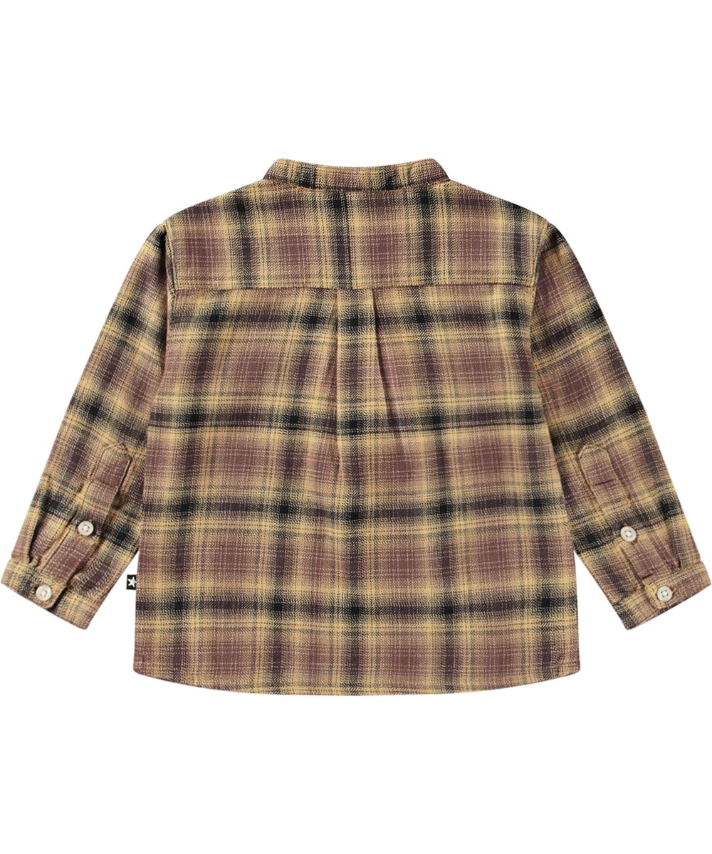 Enoz - Bronze Check - Multicoloured plaid organic cotton shirt for kids with Mandarin collar.