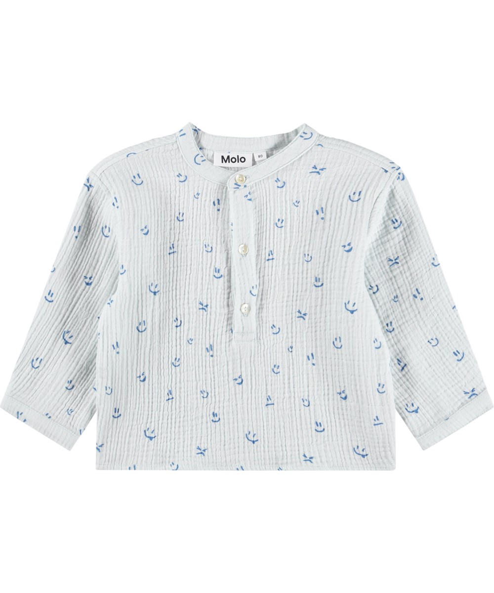 Enozo - Blue Vibes - Blue, long-sleeved shirt for the little ones made of organic cotton muslin with a happy print 