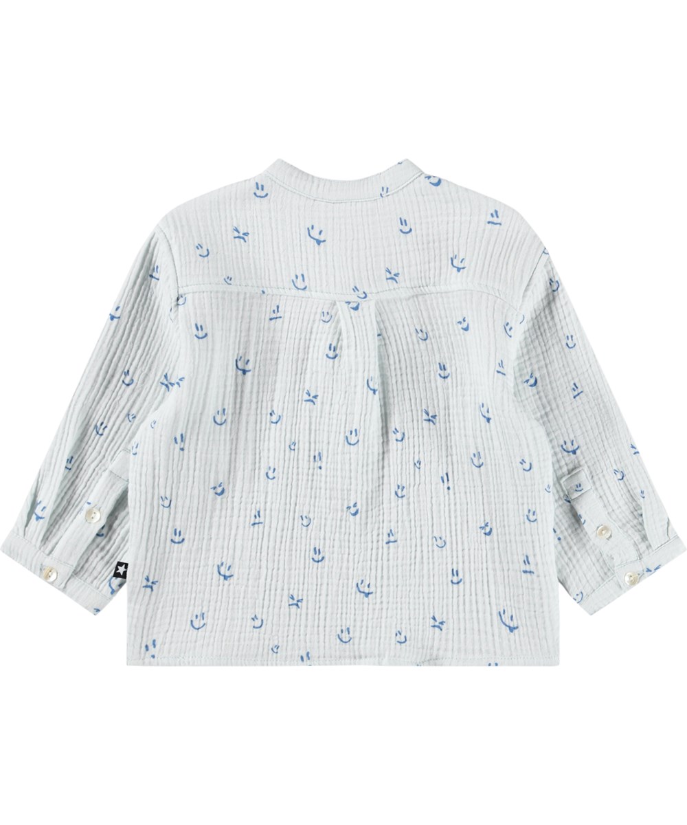 Enozo - Blue Vibes - Blue, long-sleeved shirt for the little ones made of organic cotton muslin with a happy print 