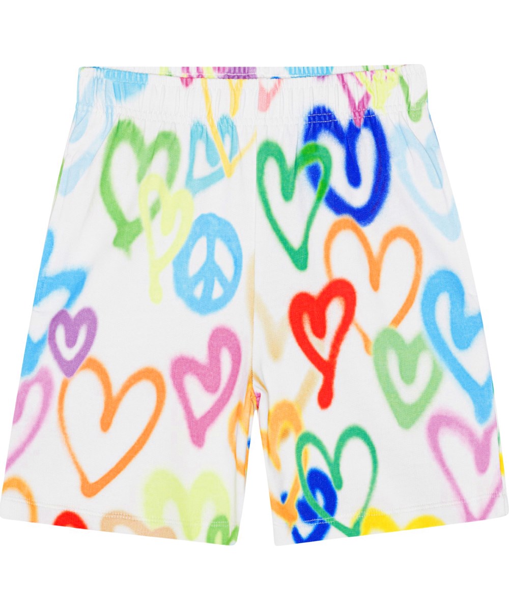 Adian - Variety Hearts - White shorts in organic cotton with mulit-coloured all over heart print