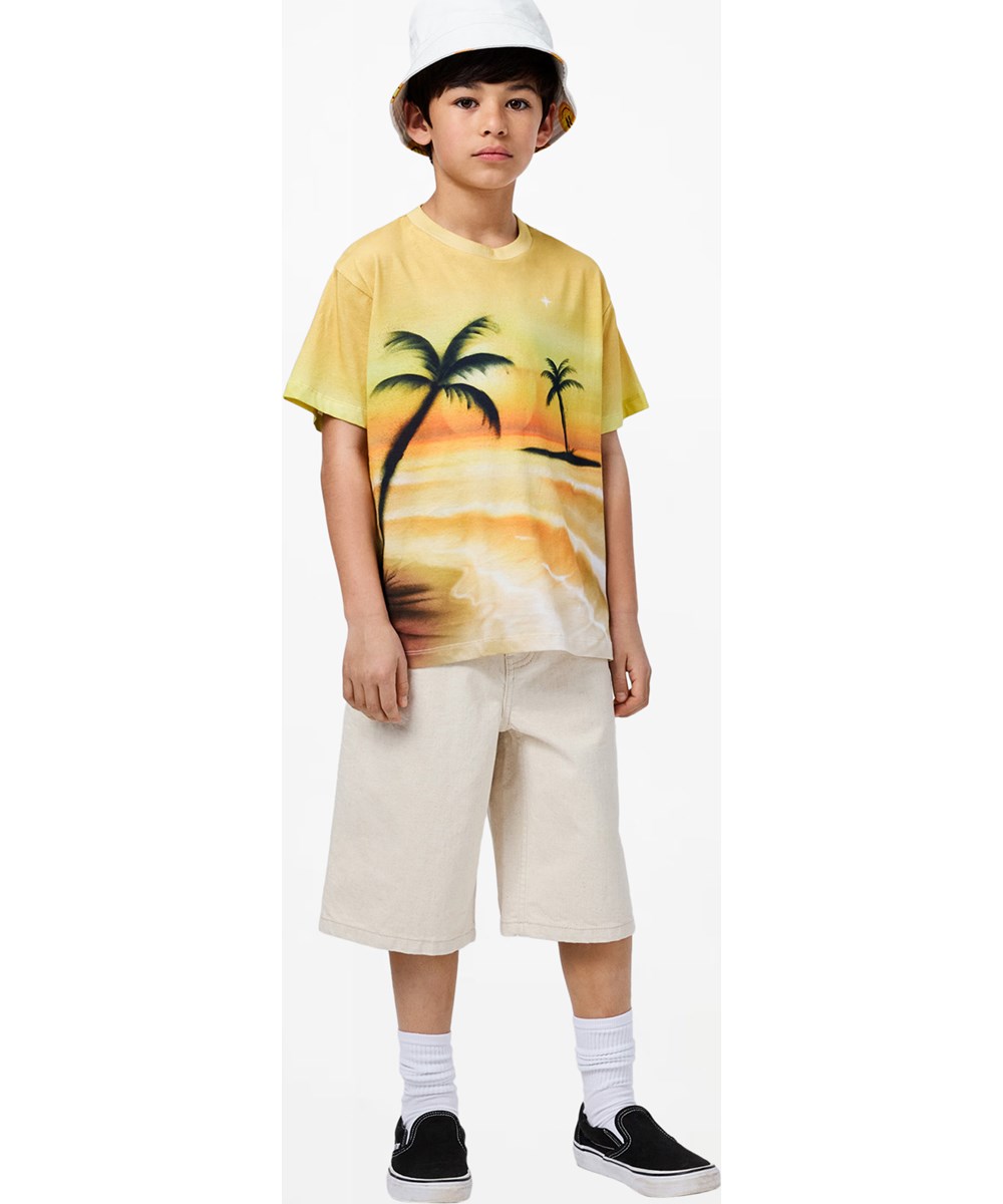 Alpha - Summer Sand - Off-white baggy denim shorts for children made of organic cotton with adjustable waist 