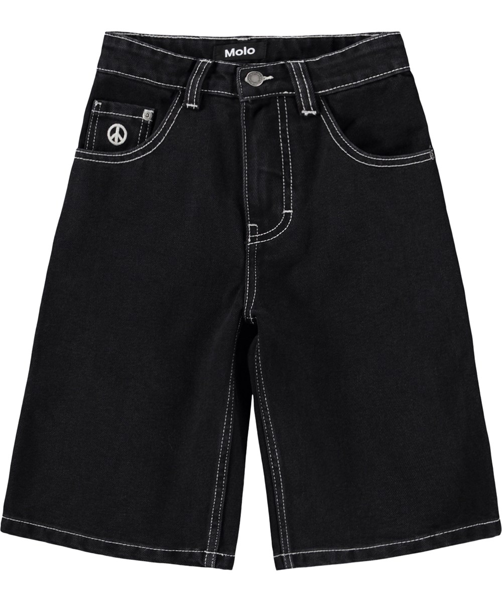 Alpha - Washed Black - Black baggy denim shorts for children made of organic cotton with adjustable waist 