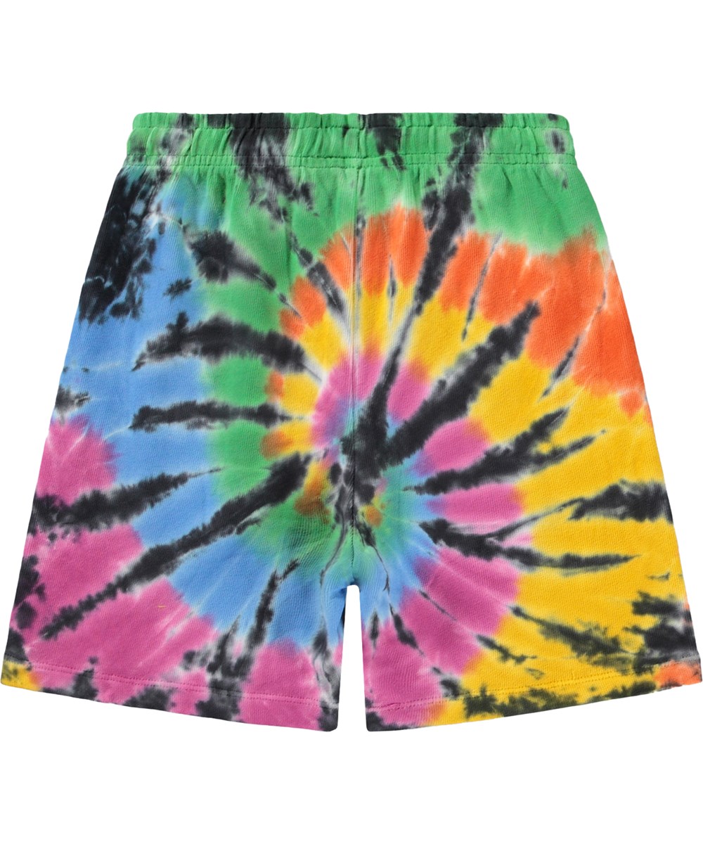 Amil - Colour Swirl - Schwarze Shorts für Kinder aus Bio-Baumwolljersey mit einem bunten handgefertigten Batikmuster