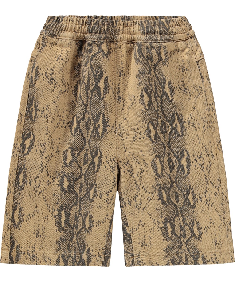 Arrow - Snake Structure - Brown shorts for children made of organic cotton with drawstring and snake print 