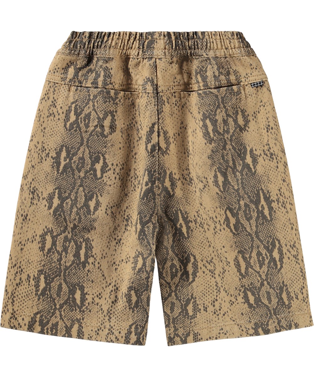 Arrow - Snake Structure - Brown shorts for children made of organic cotton with drawstring and snake print 