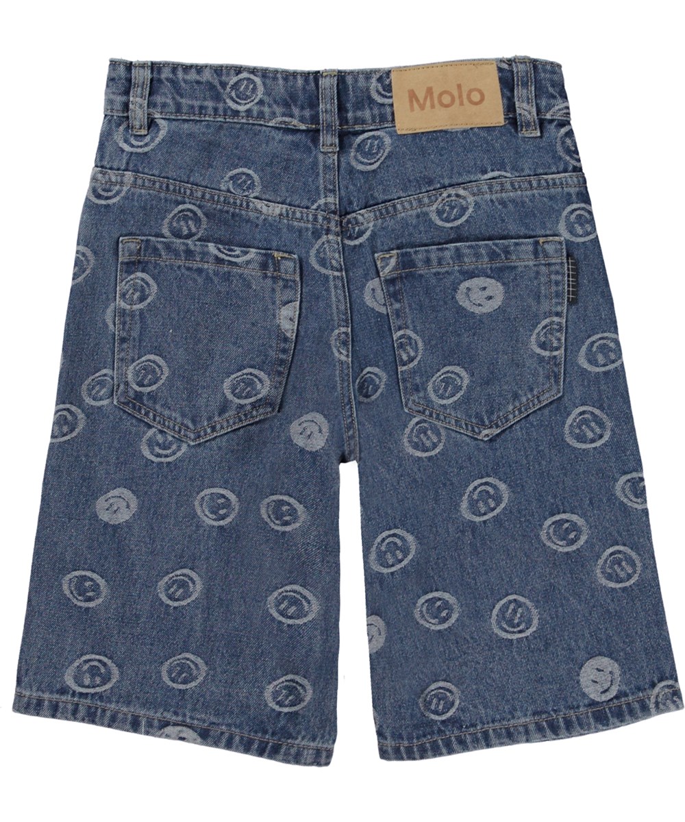 Art - Blue Happiness - Knælange denim shorts med smiley