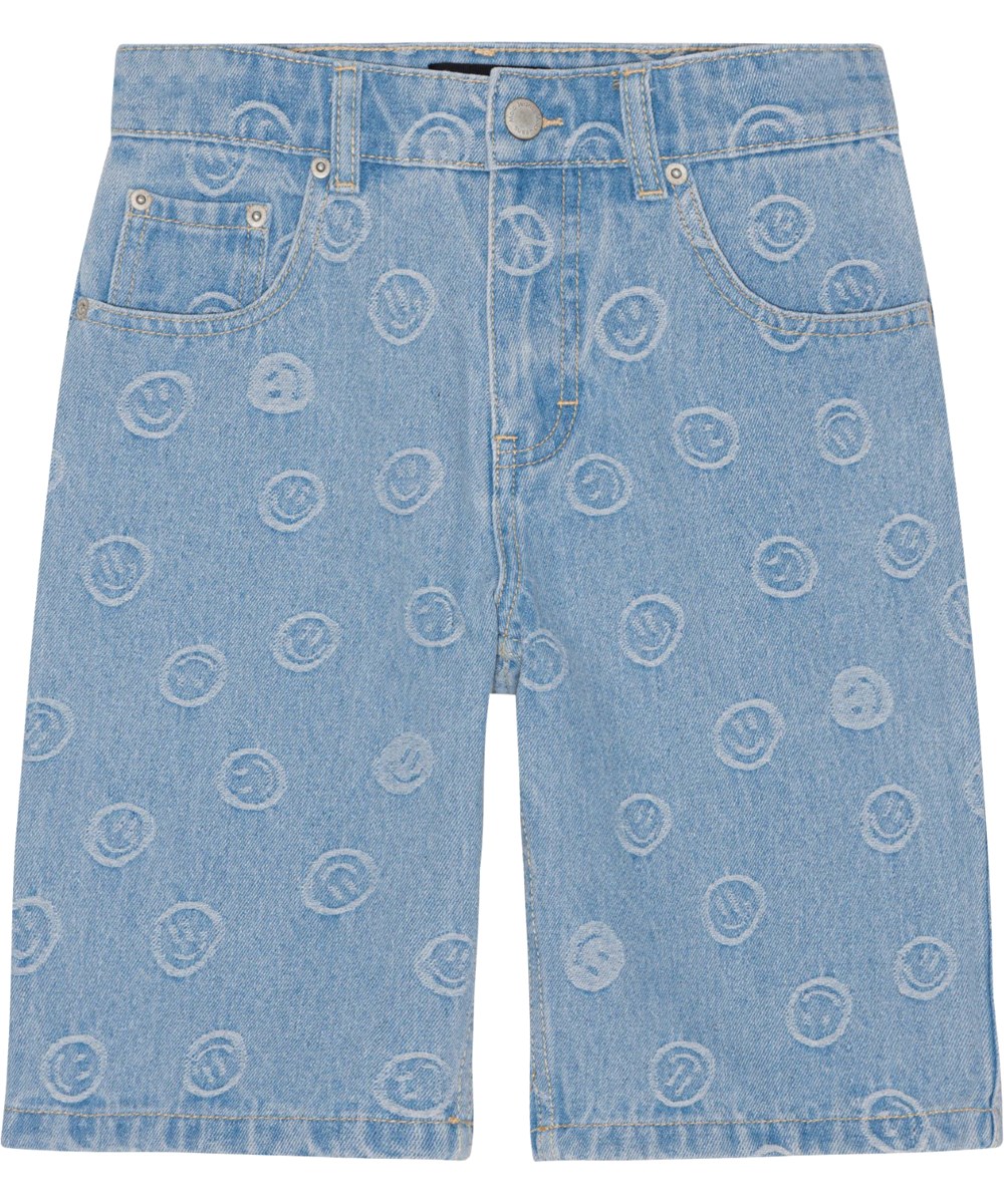 Art - Happiness Light - Knee length denim shorts with smiling faces woven in