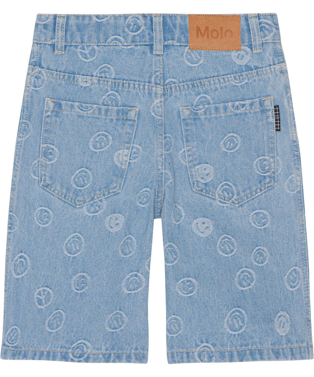 Art - Happiness Light - Knee length denim shorts with smiling faces woven in