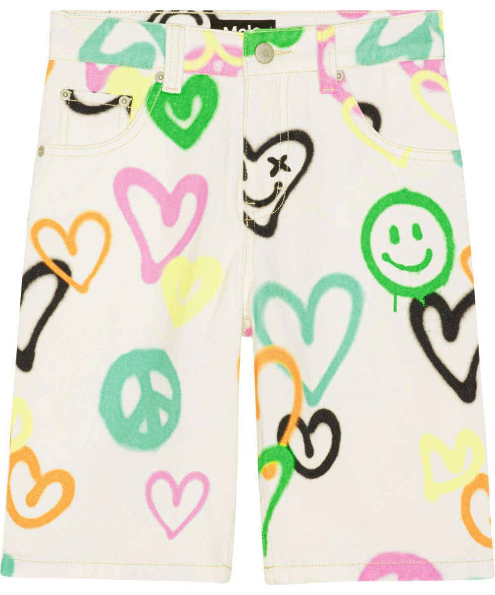 Art - Heart Colours - White denim shorts with a multi-coloured, all over heart print