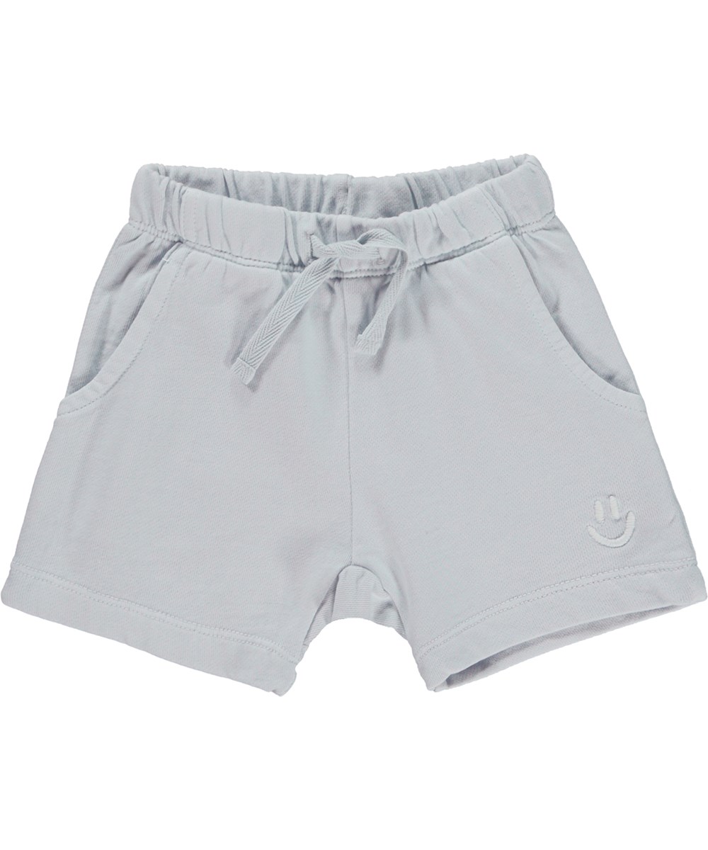 Simms - Iced Blue - Light blue baby shorts with embroidered smiley face