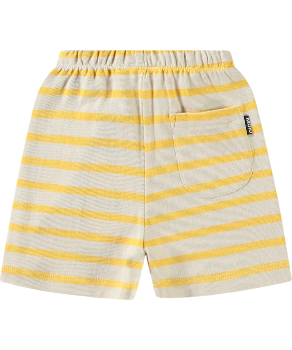 Skie - Mimosa Stripe - Soft organic cotton shorts for babies with yellow and beige stripes.