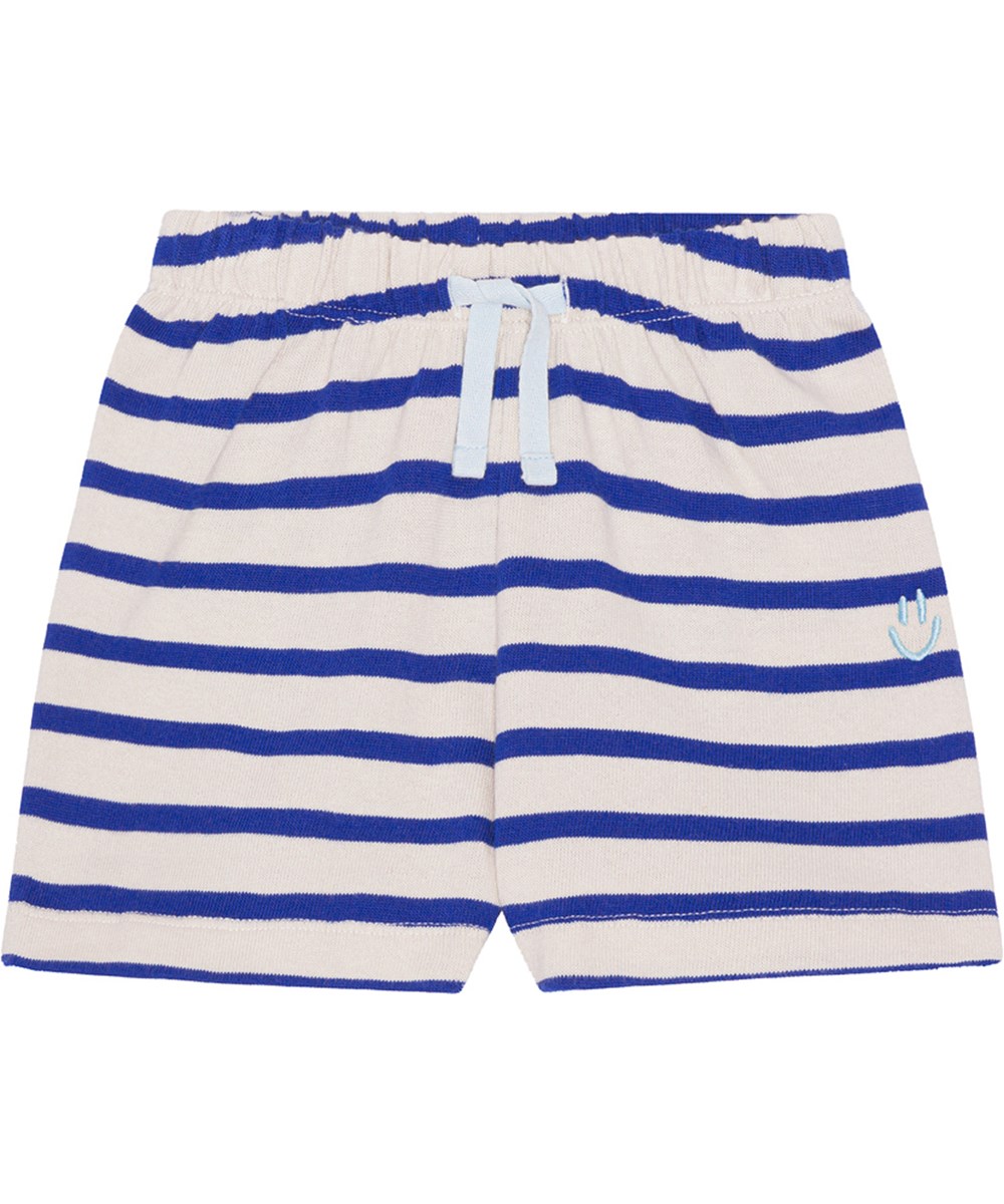 Skie - Reef Stripe - Stribet blå og sandfarvet shorts til de mindste, i blødt økologisk bomuldsjersey.