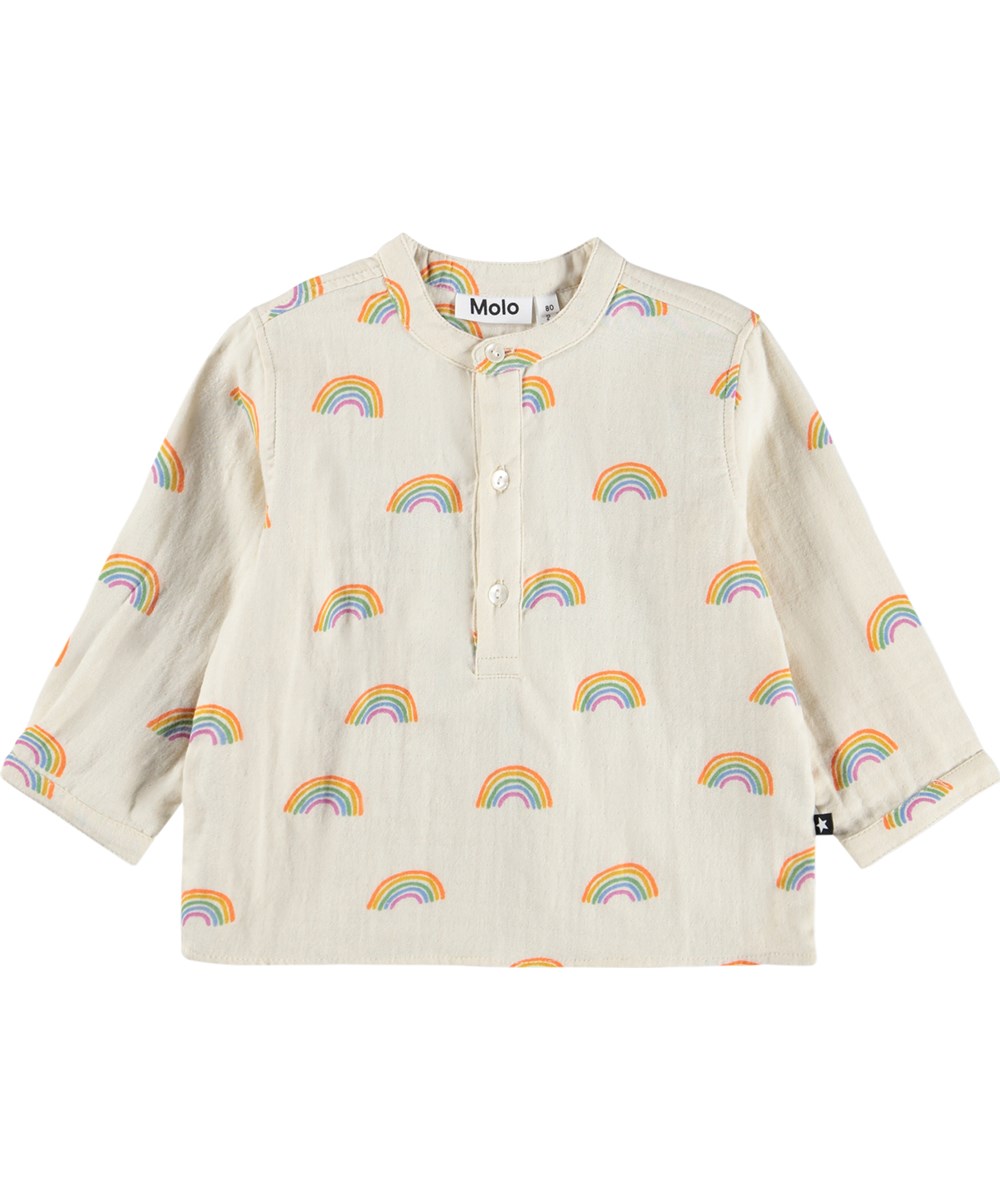 Enozo - Small Rainbows - Cremefarvet, langærmet babyskjorte med regnbueprint i økologisk bomuld
