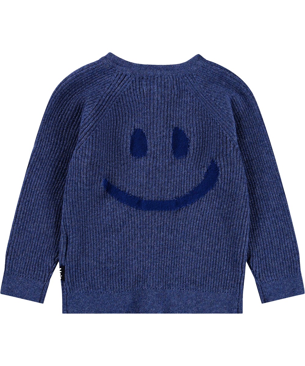 Basta - Evening Sky - Donkerblauwe gebreide vest voor de kleintjes gemaakt van een zachte katoen- en wolmix met een lachend gezicht op de achterkant.