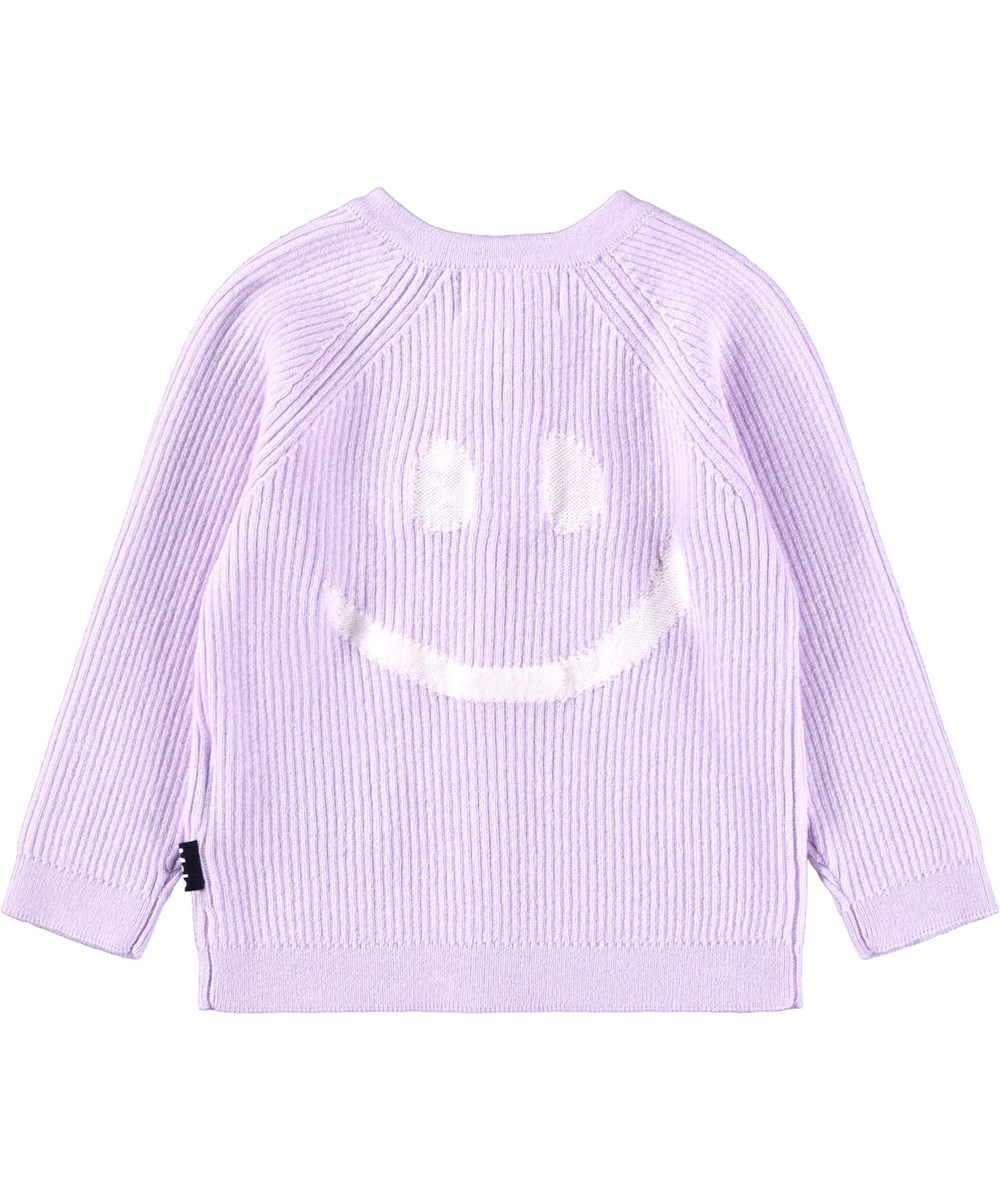 Basta - Purple Smile - Paarse gebreide vest voor de kleintjes gemaakt van een zachte katoen- en wolmix met een lachend gezicht op de achterkant.