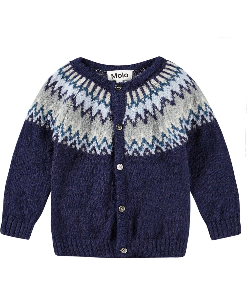Bay - Blues - Donkerblauwe gebreid vest in een Noors patroon met geribbelde boorden en knoopsluiting.
