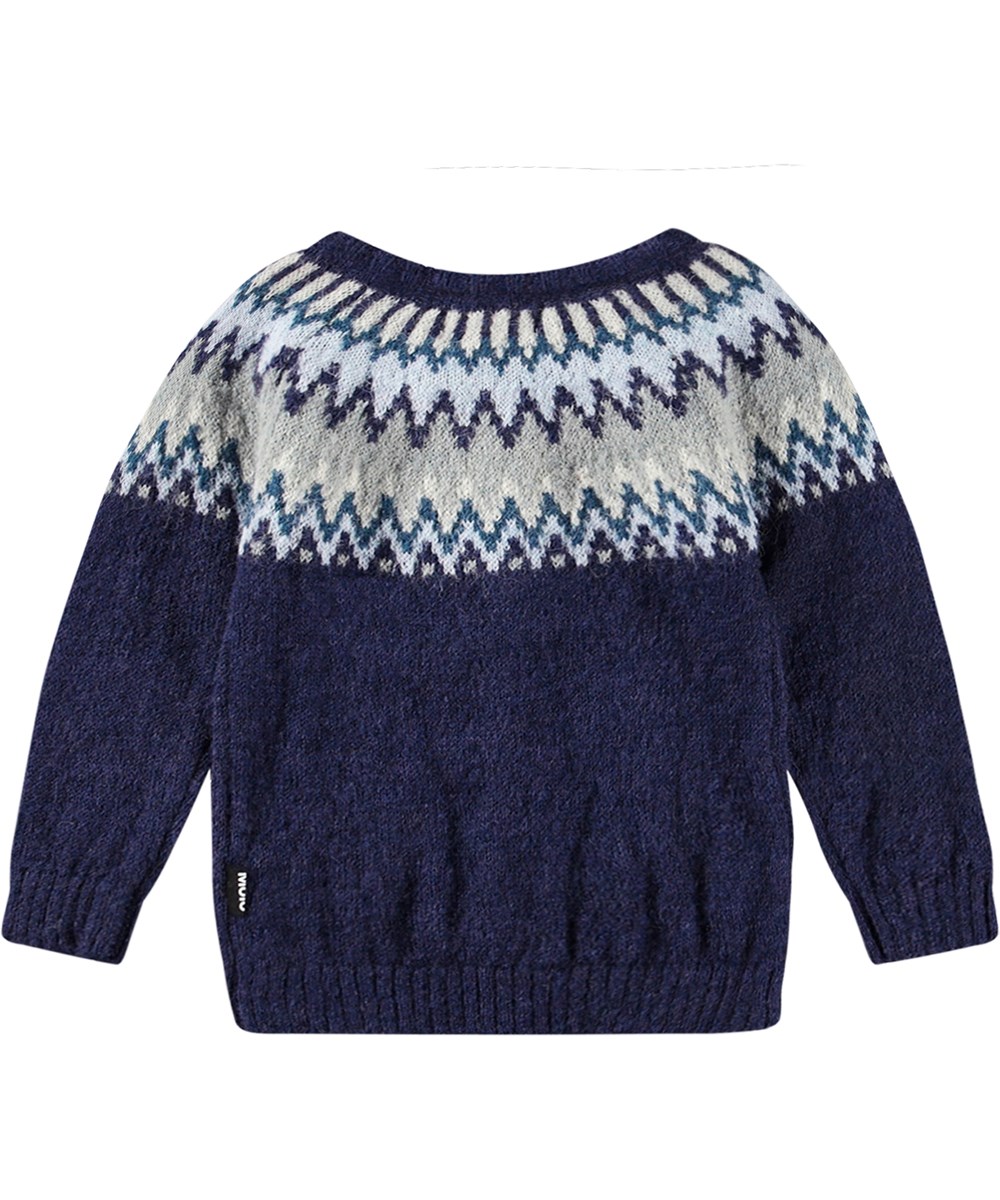 Bay - Blues - Donkerblauwe gebreid vest in een Noors patroon met geribbelde boorden en knoopsluiting.