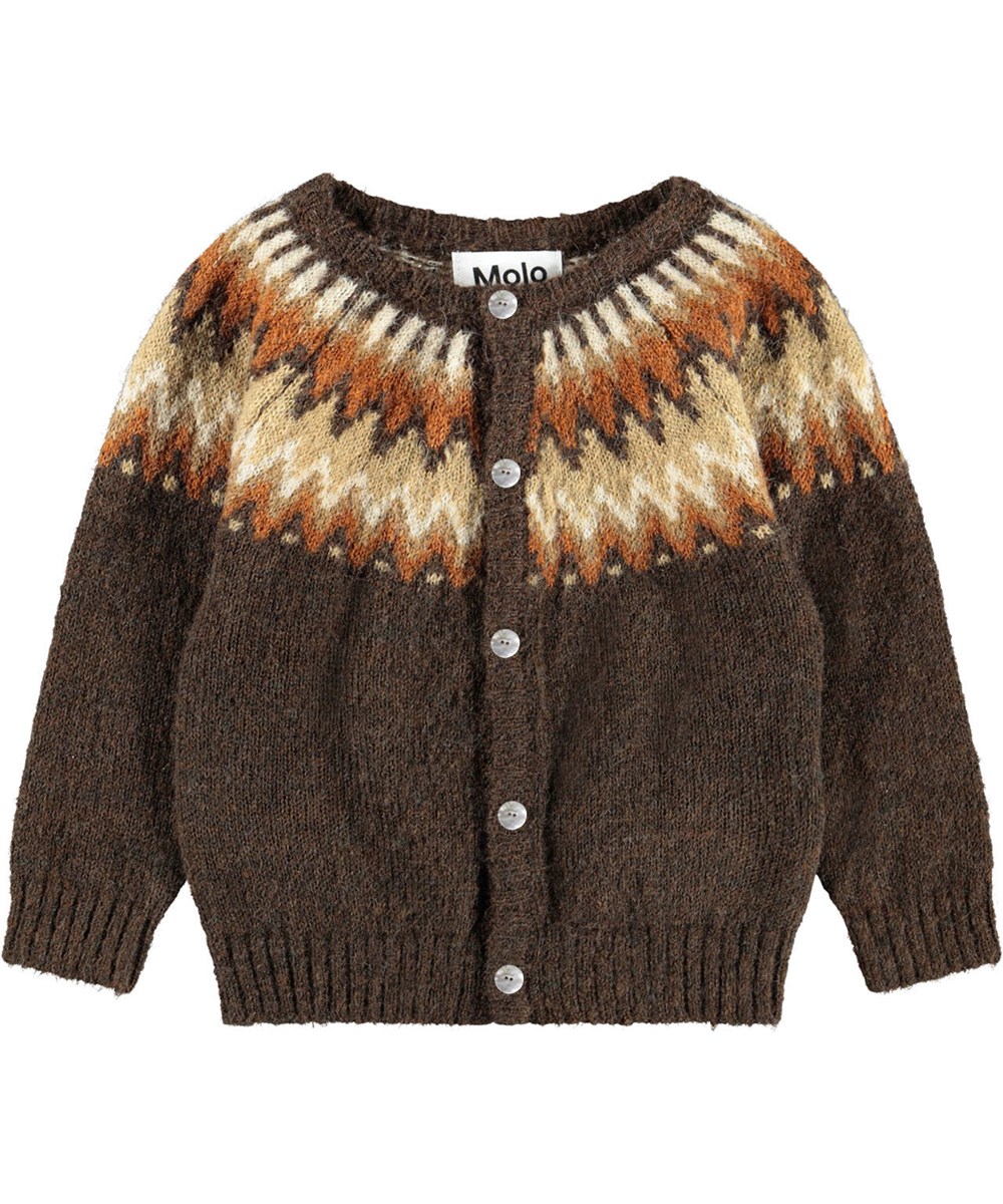 Bay - Browns - Donkerbruine gebreide vest voor de kleintjes gemaakt van een zachte wolmix met een Noors geïnspireerd patroon.
