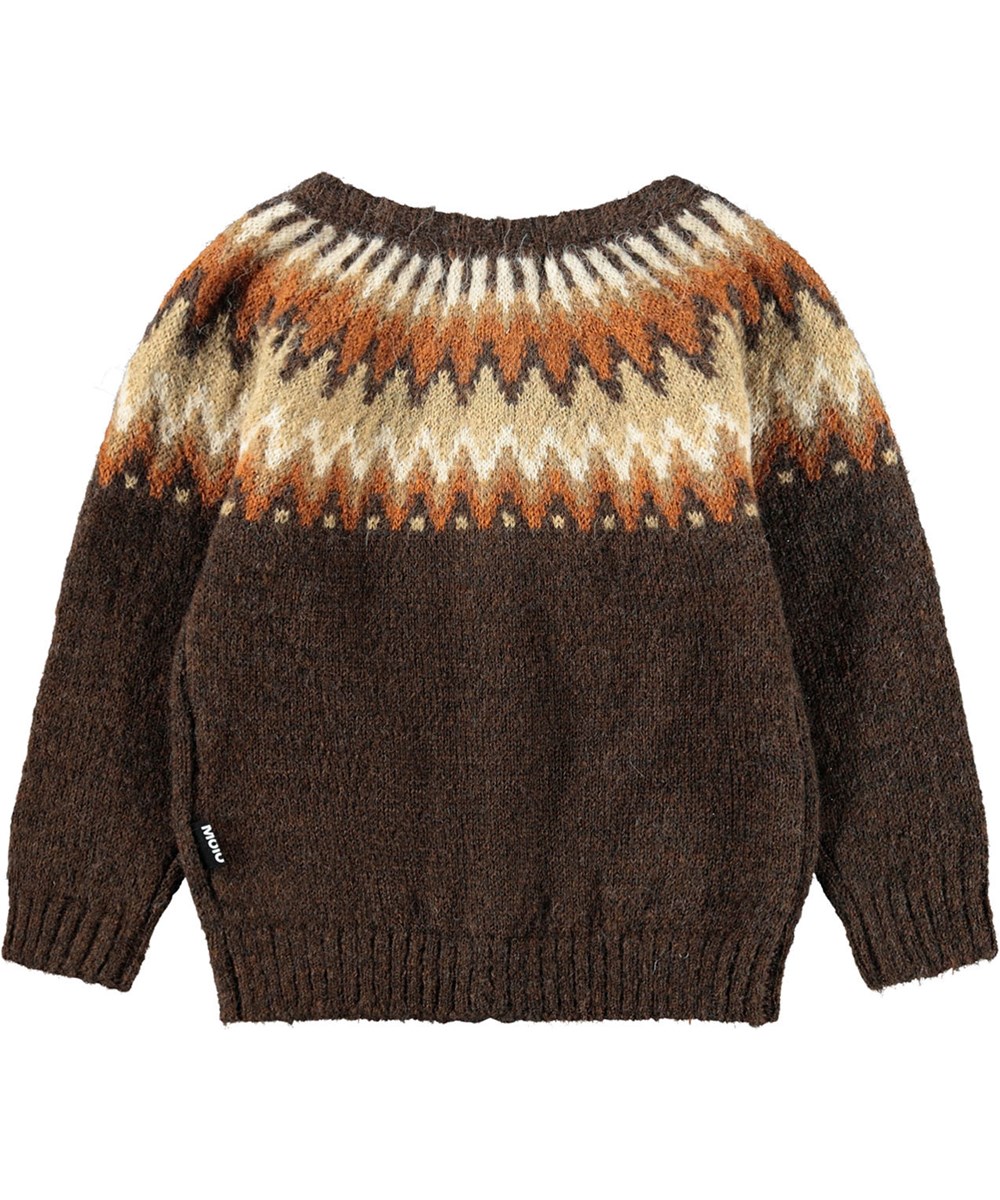 Bay - Browns - Donkerbruine gebreide vest voor de kleintjes gemaakt van een zachte wolmix met een Noors geïnspireerd patroon.