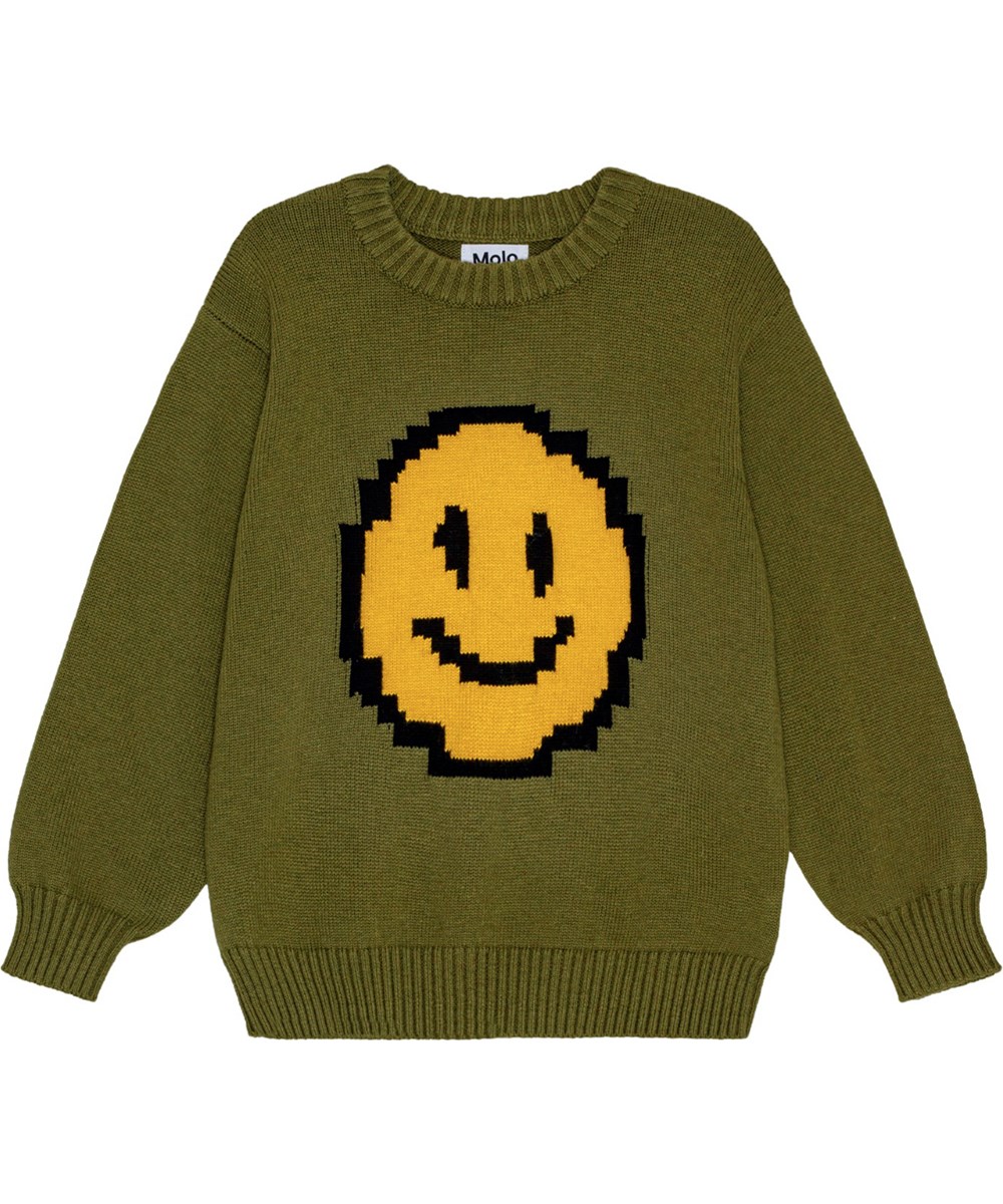 Bello - Growth - Loose fit army green knitted jumper with smiling pixel face.