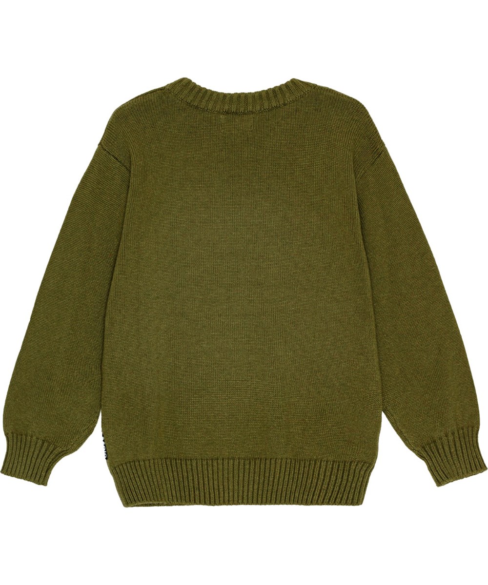 Bello - Growth - Loose fit army green knitted jumper with smiling pixel face.