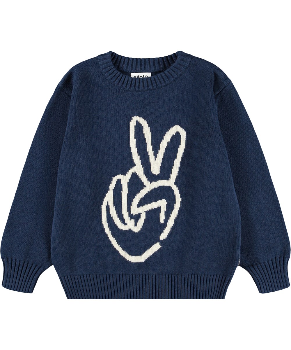 Bello - Peace At Hand - Donkerblauwe gebreide kindertrui gemaakt van een mix van wol en katoen met een vredessymbool.