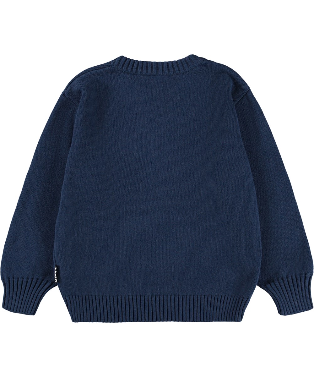 Bello - Peace At Hand - Donkerblauwe gebreide kindertrui gemaakt van een mix van wol en katoen met een vredessymbool.