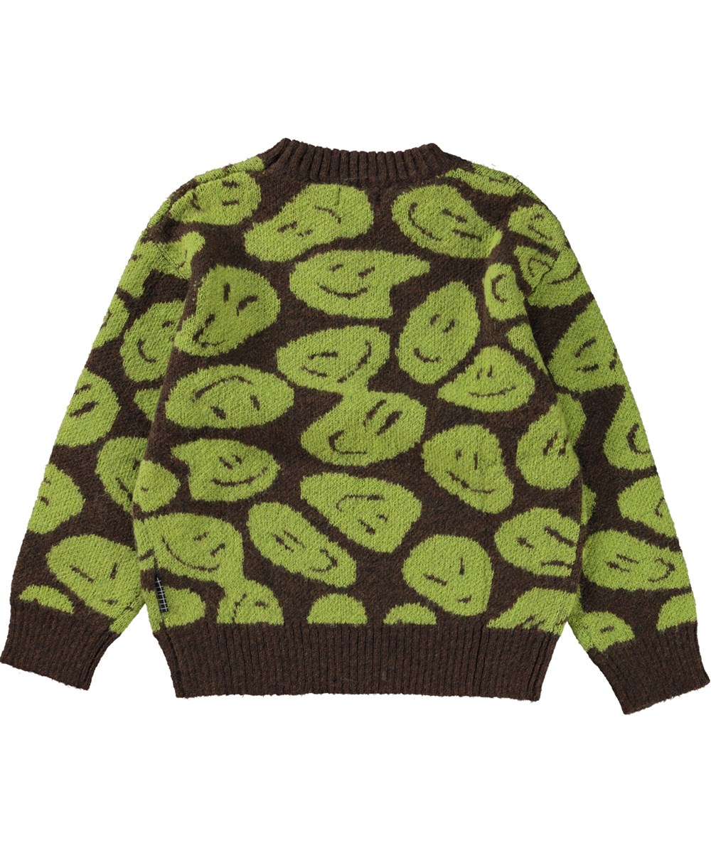 Bello - Smile On Moss - Bruine gebreide trui met een groen patroon in alpaca wol