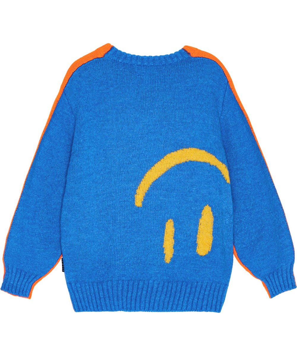 Bello - Two Side Smile - Orange and blue knitted jumper with smiling faces, loose fit.