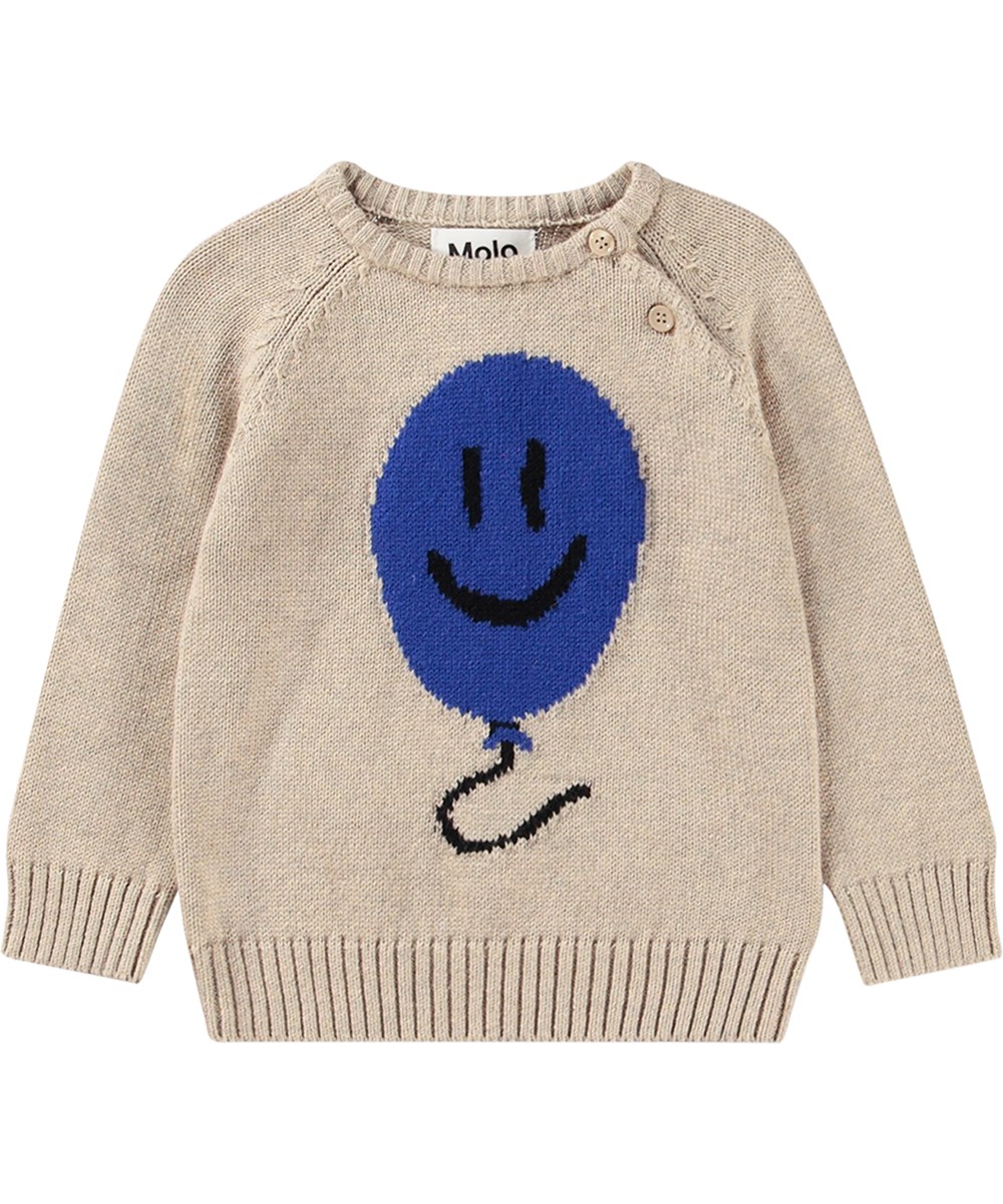 Bless - Balloon Smile - Beige trui, voor baby's en peuters, met blauwe ballonprint en knopen.