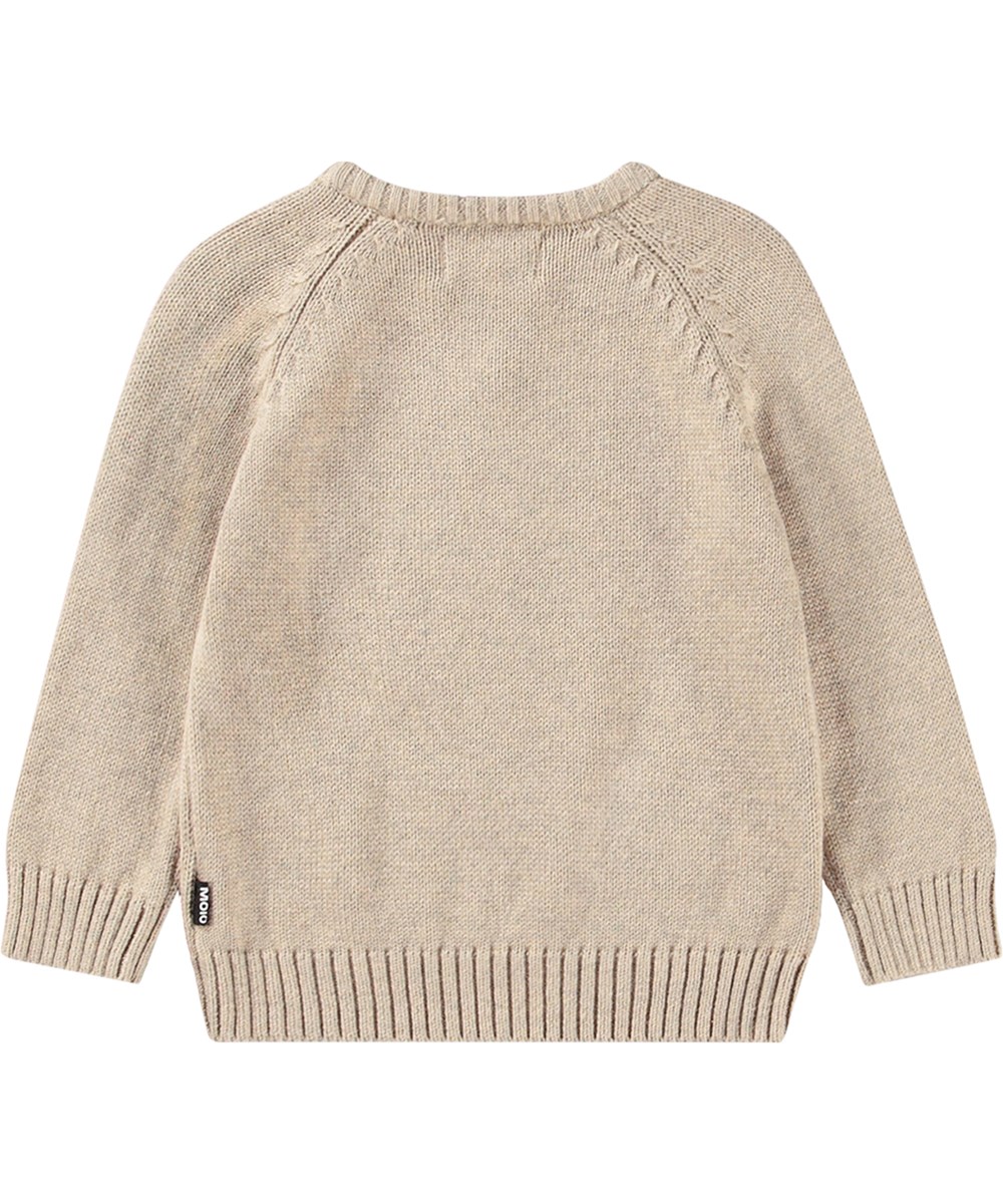 Bless - Balloon Smile - Beige trui, voor baby's en peuters, met blauwe ballonprint en knopen.