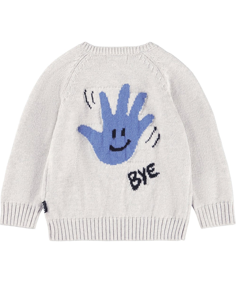 Bless - Happy Hands - Beige gebreide trui voor de kleintjes gemaakt van een zachte katoen- en wolmix met op de voorkant een hond.