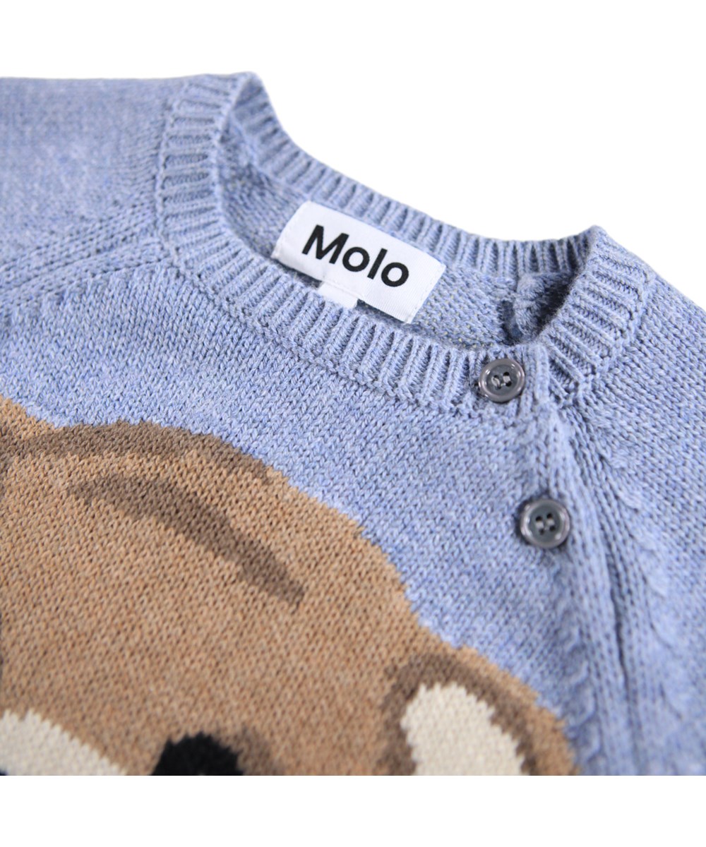 Bless - Toy Bear - Light blue knitted sweater for the little ones made of a soft cotton and wool blend with a brown teddy bear on the front.